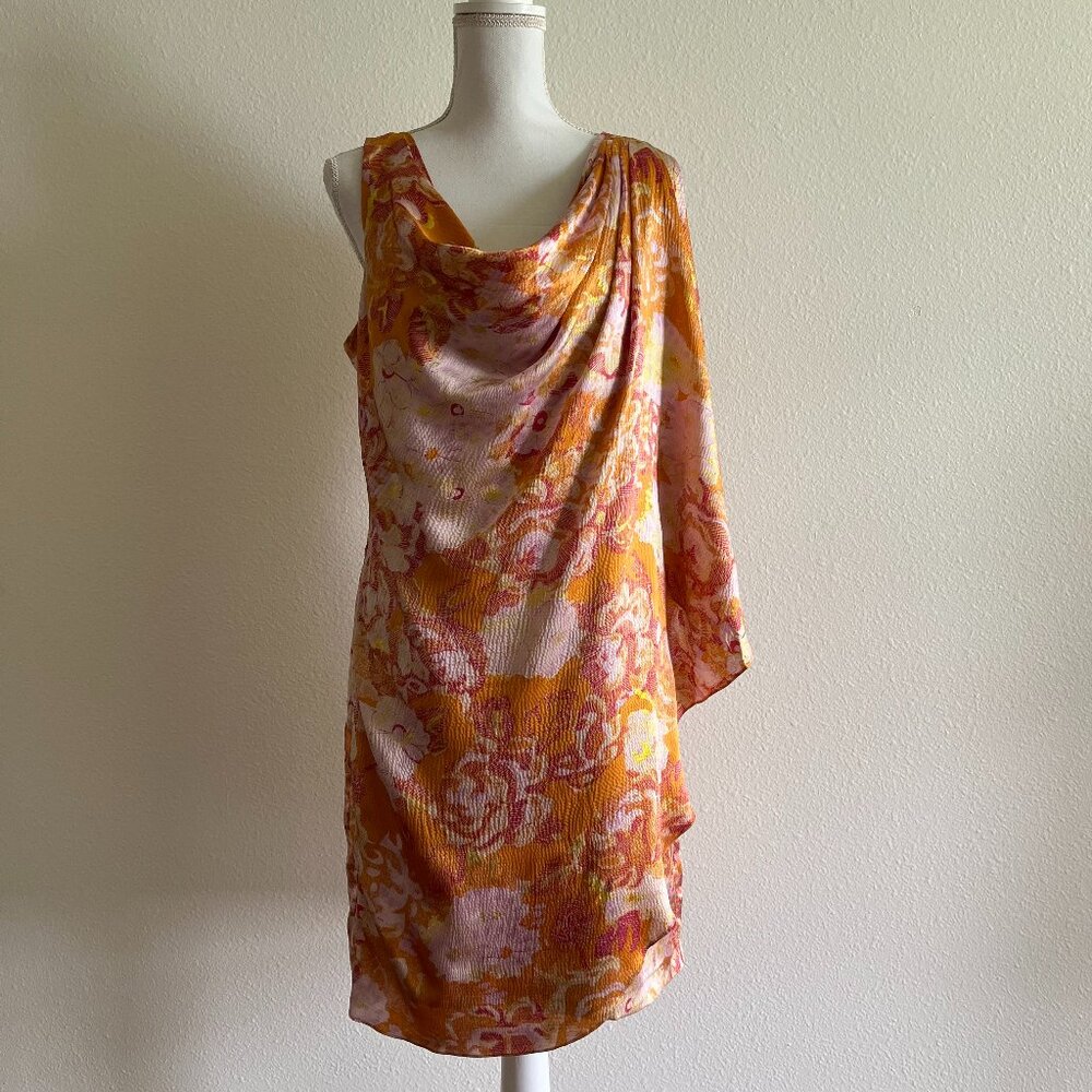 Badgley Mischka Collection Silk Cowl Neck Dress in Orange & Pink Floral Print
